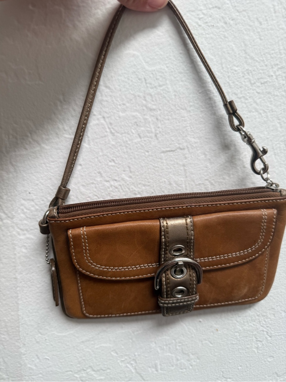 Coach Brown and Metallic Tan Leather Wristlet